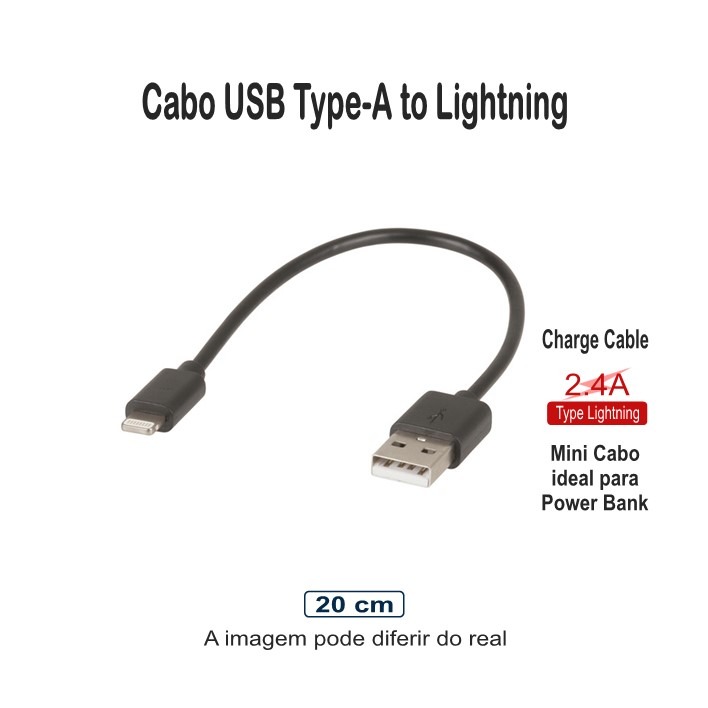 Cabo USB-A Lightning 2.4A 20cm preto