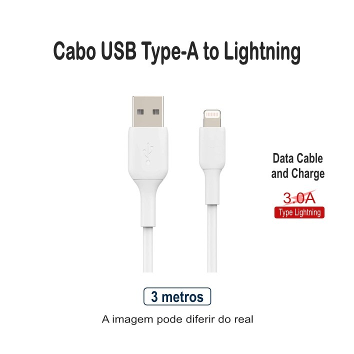 Cabo USB-A Lightning 3A 3metros