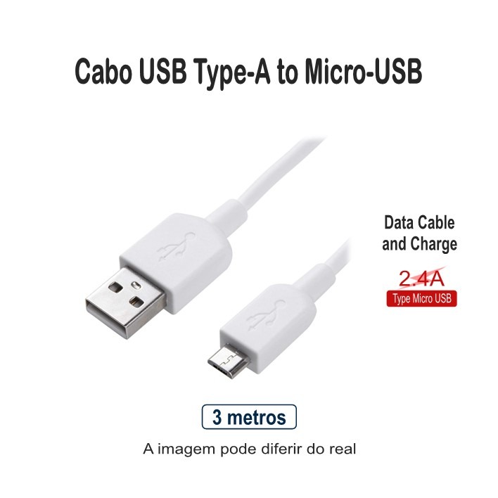 Cabo USB to Tipo-C 2,4 Amp. 3 metros Branco