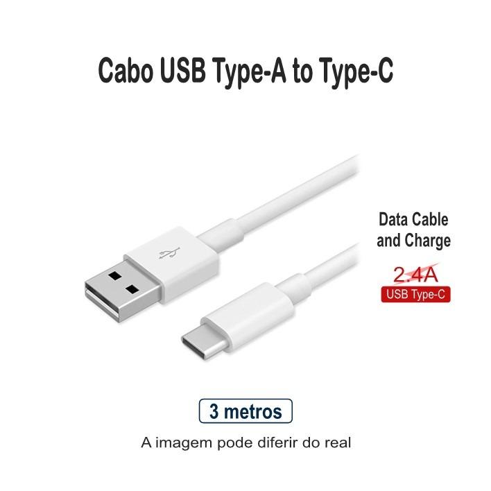 Cabo USB to Tipo-C 2,4 Amp. 3 metros Branco