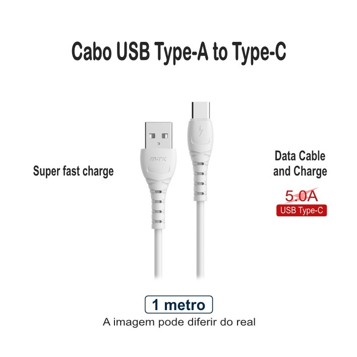 Cabo USB-A Type-C 5A 1metro branco