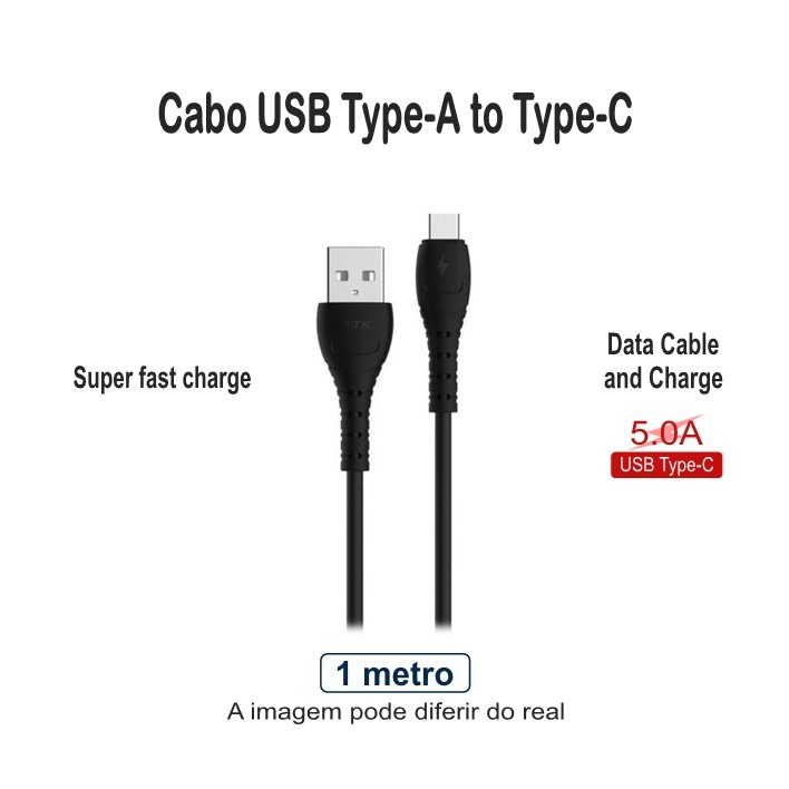 Cabo USB-A Type-C 5A 1metro preto