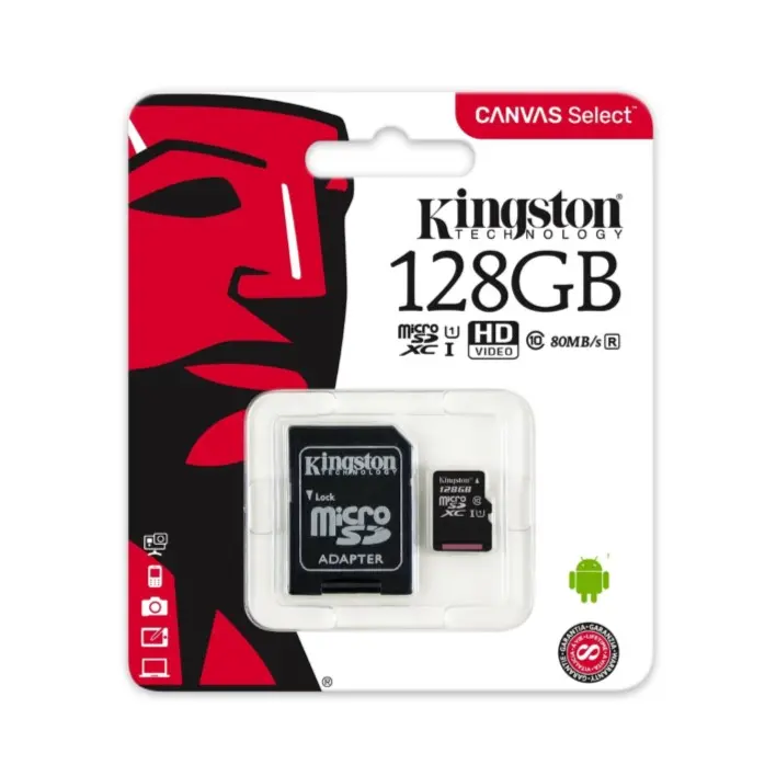 Cartão de memória Micro SDXC KINGSTON C10 128GB 80MB/s R + Adaptador SD