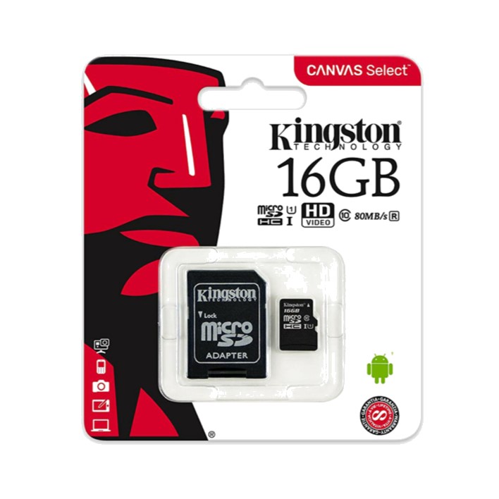 Cartão de memória Micro SDHC KINGSTON C10 16GB 80MB/s R + Adaptador SD