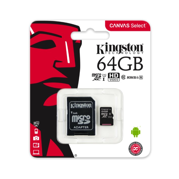 Cartão de memória Micro SDXC KINGSTON C10 64GB 80MB/s R + Adaptador SD